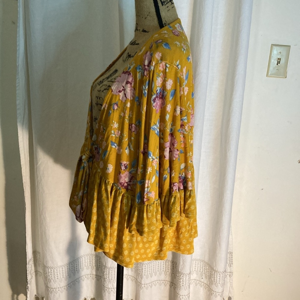 XHILERATION XXL Floral Mustard Yellow Kimono Cardigan - Picture 4 of 5